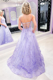 Promfast A line Spaghetti Straps Lace Tulle Purple Long Prom Dress Applique Evening Dress PFP2170