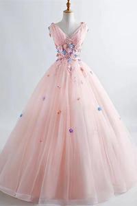 Promfast Pink Princess Blush Ball Gown 3D Floral Applique V Neck Boho Prom Quinceanera Dress PFP2171