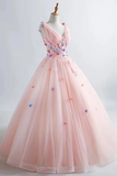 Promfast Pink Princess Blush Ball Gown 3D Floral Applique V Neck Boho Prom Quinceanera Dress PFP2171