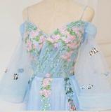 Promfast Chic A line Off the shoulder Light Blue Prom Dress With Floral Prom Dresses Long Evening Dress PFP2172