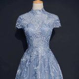 Promfast Chic High Neck Prom Dress Blue Short Sleeve Long Prom Dress Evening Dress PFP2173