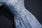 Promfast Chic High Neck Prom Dress Blue Short Sleeve Long Prom Dress Evening Dress PFP2173