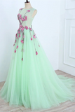 Promfast Beautiful A line Scoop Blue Long Prom Dress Floral Formal Dresses Evening Gowns PFP2174
