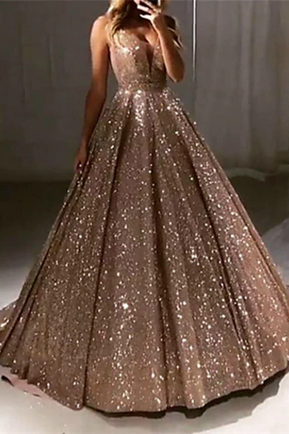 Promfast Chic A line V neck Long Sparkly Gold Prom Dresses Evening Dress PFP2175