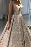 Promfast Chic A line V neck Long Sparkly Gold Prom Dresses Evening Dress PFP2175