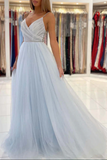 Promfast Light Blue Tulle A line V neck Backless Long Prom Dresses, Evening Gown PFP2180
