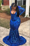 Promfast Trendy Royal Blue V neck Long Sleeve Mermaid Plus Size Sequined Prom Dress PFP2181