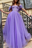 Promfast Chic A line Sparkly Off the shoulder Purple Prom Dress Tulle Evening Dress With Split Front PFP2184