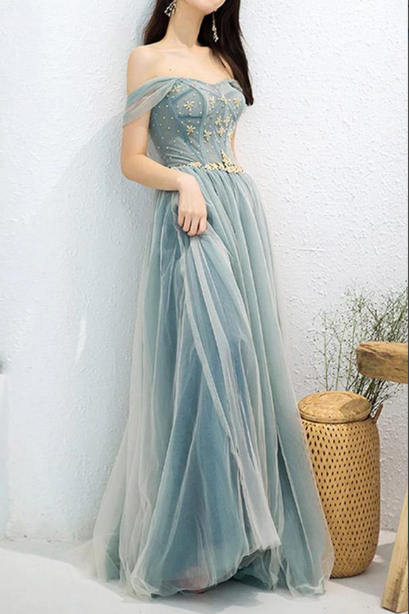 Promfast Dusty Blue Tulle Beaded Off the Shoulder Long Prom Dresses, Formal Dress PFP2185