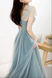 Promfast Dusty Blue Tulle Beaded Off the Shoulder Long Prom Dresses, Formal Dress PFP2185