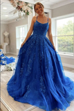 Promfast Blue Tulle Lace A line Scoop Lace Up Long Prom Dresses, Evening Gown PFP2186