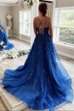 Promfast Blue Tulle Lace A line Scoop Lace Up Long Prom Dresses, Evening Gown PFP2186