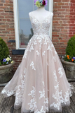 Promfast Chic A line V neck Sleeveless Prom Dress Tulle Applique Wedding Dress PFW0615