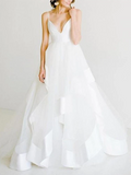 Beautiful Ball Gown V Neck Spaghetti Straps Backless Long Wedding Dresses with Train PFW0059