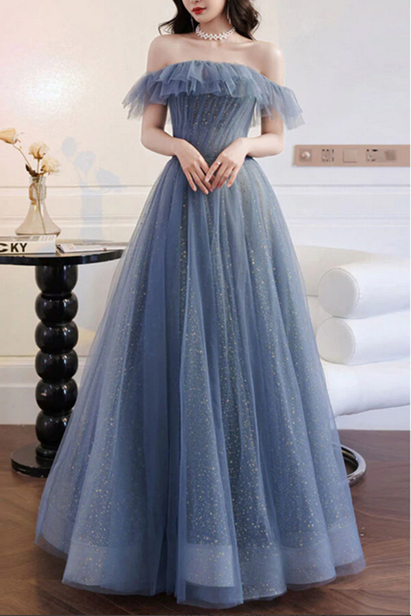 Promfast Grey Blue Tulle A line Off Shoulder Prom Dresses, Long Formal Promfast Grey Blue Tulle A line Off Shoulder Prom Dresses, Long Formal