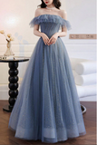 Promfast Grey Blue Tulle A line Off Shoulder Prom Dresses, Long Formal Dresses PFP2188