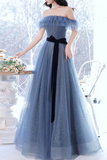 Promfast Grey Blue Tulle A line Off Shoulder Prom Dresses, Long Formal Dresses PFP2188