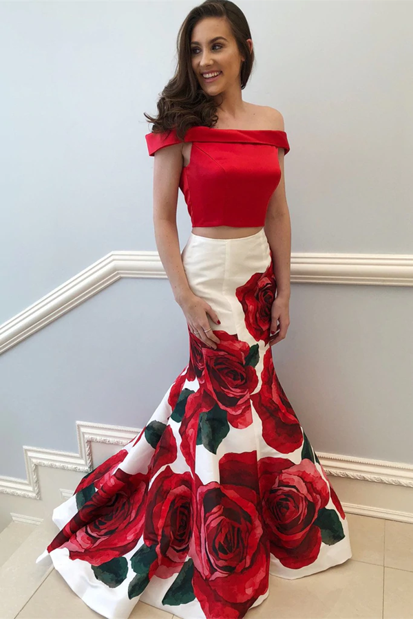 red floral prom dress Promfast Mermaid Prom Dresses Off the shoulder Red Floral Two Pieces P