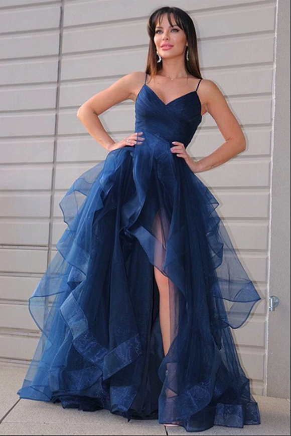 Promfast Navy Blue Tulle A line V neck Prom Dress With Ruffles, Long Formal Dresses PFP2191