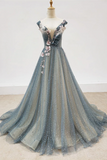 Promfast Chic A line Gray Blue V neck Long Beaded Prom Dress Tulle Floral Evening Party Dress PFP2194