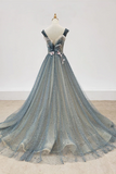 Promfast Chic A line Gray Blue V neck Long Beaded Prom Dress Tulle Floral Evening Party Dress PFP2194
