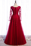 Promfast Chic A line Bateau Burgundy Lace Prom Dress Long Sleeve Tulle Evening Dresses PFP2195