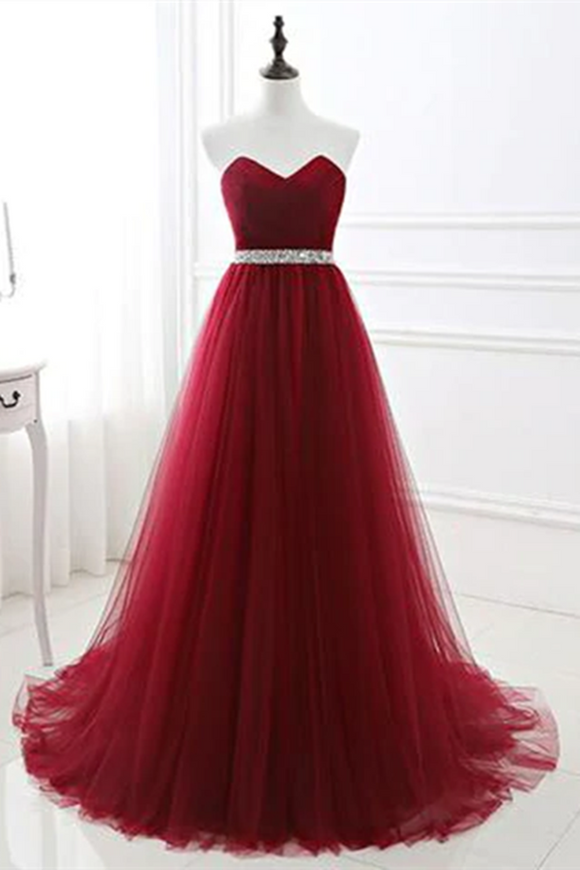 Promfast Chic A line Sweetheart Burgundy Tulle Simple Sleeveless Long Prom Dress Evening Dress PFP2196