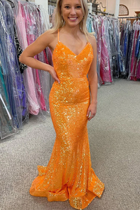 Promfast Sparkle Orange Sequin Mermaid Long Prom Formal Dress PFP2197