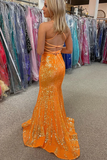 Promfast Sparkle Orange Sequin Mermaid Long Prom Formal Dress PFP2197