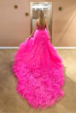 Promfast Strapless Hot Pink Tulle High Low Ball Gown Simple Prom Dress PFP2200