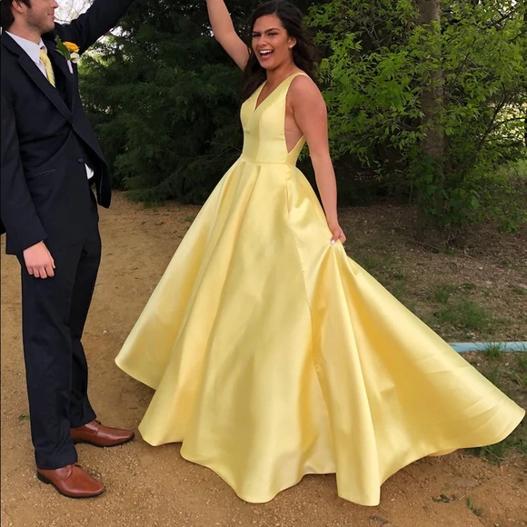 Promfast A Line V Neck Yellow Prom Dresses, Yellow V Neck Formal Gradu