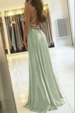 Promfast Simple Dusty Sage Satin Spaghetti Straps Long Prom Dresses, Evening Gown PFP2206