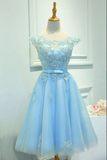 Promfast Light Blue Capped Sleeve Short Prom Dress, Mid Back Appliques Homecoming Dress PFH0379