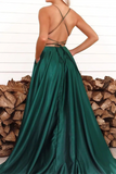 Promfast Chic A line Spaghetti Straps Dark Green Scoop Prom Dress Satin Evening Split Dress PFP2210