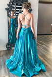 Promfast Halter Satin Slit Prom Dresses with Sequins Long Prom Gown Evening Dress PFP2212