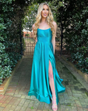 Promfast Halter Satin Slit Prom Dresses with Sequins Long Prom Gown Evening Dress PFP2212