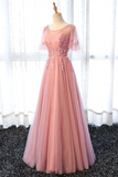Promfast Chic A line Scoop Long Pink Tulle Prom Dress Applique Evening Party Dresses PFP2213