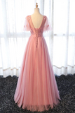 Promfast Chic A line Scoop Long Pink Tulle Prom Dress Applique Evening Party Dresses PFP2213