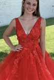 Promfast Chic A line Red V neck Beaded Prom Dress Tulle Applique Long Evening Formal Dress PFP2214