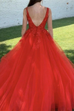 Promfast Chic A line Red V neck Beaded Prom Dress Tulle Applique Long Evening Formal Dress PFP2214