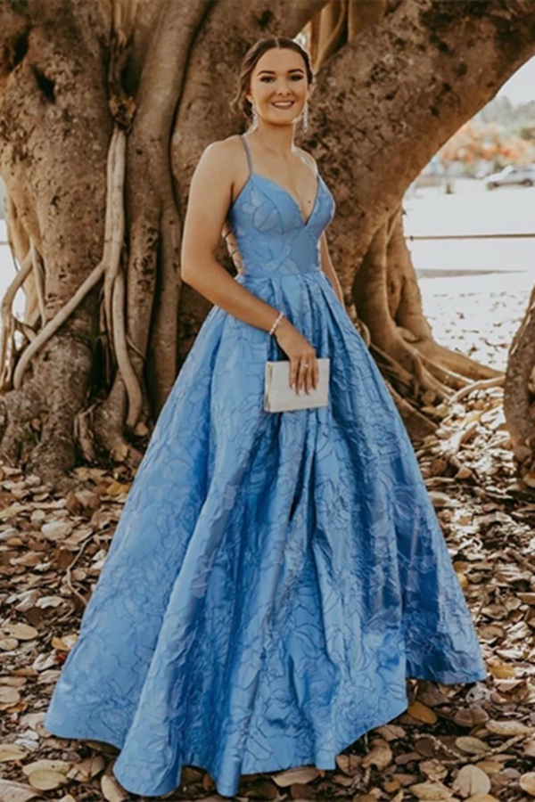 Promfast Vintage Ball Gown V Neck Straps Blue Prom Dresses with Pocket Promfast Vintage Ball Gown V Neck Straps Blue Prom Dresses with Pocket