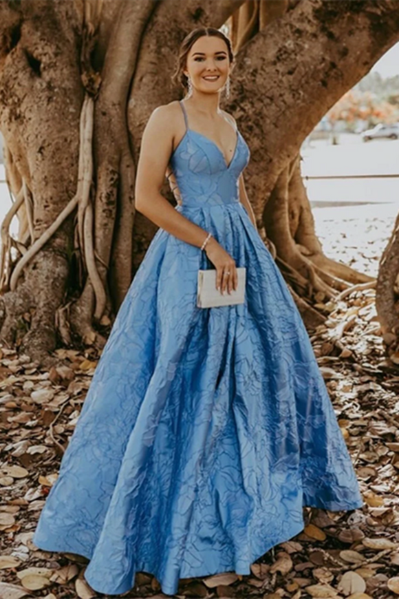 Promfast Vintage Ball Gown V Neck Straps Blue Prom Dresses with Pockets PFP2217