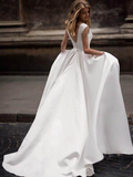 Promfast Vintage A line Princess Ivory Satin Long Wedding Dresses with Pockets PFW0616