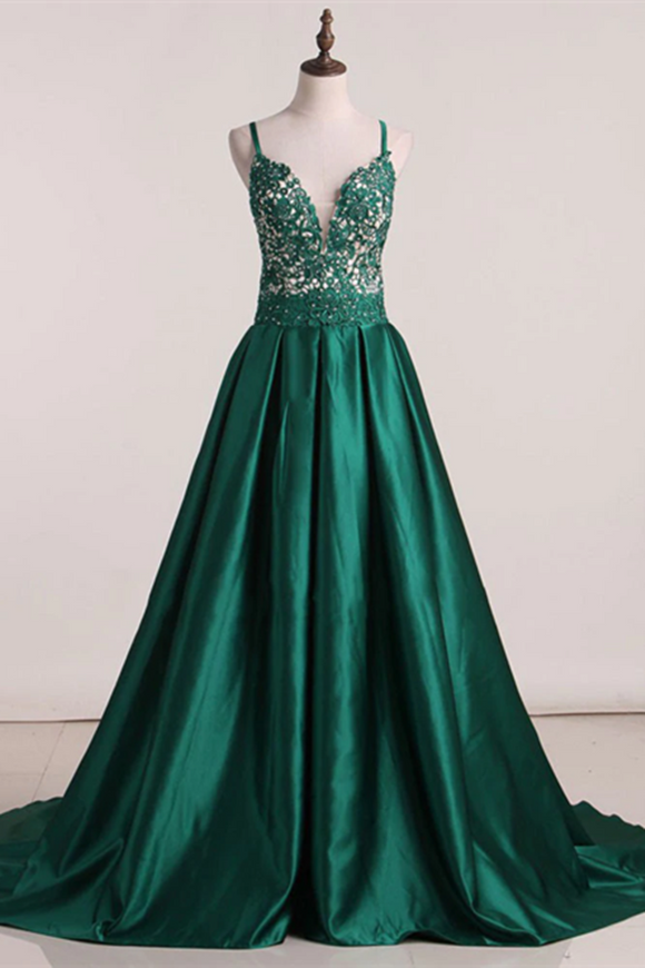 Promfast Beautiful A line Prom Dresses Long Spaghetti Straps Dark Green Prom Dress Evening Dresses PFP2218