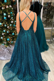 Promfast Glitter A Line Teal Long Prom Dress with Spaghetti Straps PFP2222