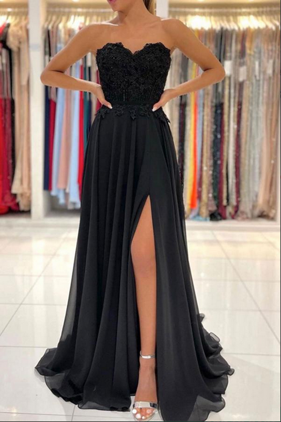 Promfast Black Chiffon Lace A line Sweetheart Prom Dresses, Long Formal Dress PFP2223
