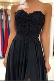 Promfast Black Chiffon Lace A line Sweetheart Prom Dresses, Long Formal Dress PFP2223