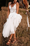 Promfast Elegant White Backless A line Unlined Lace Bodice V neck Wedding Dress PFW0617