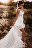 Promfast Elegant White Backless A line Unlined Lace Bodice V neck Wedding Dress PFW0617
