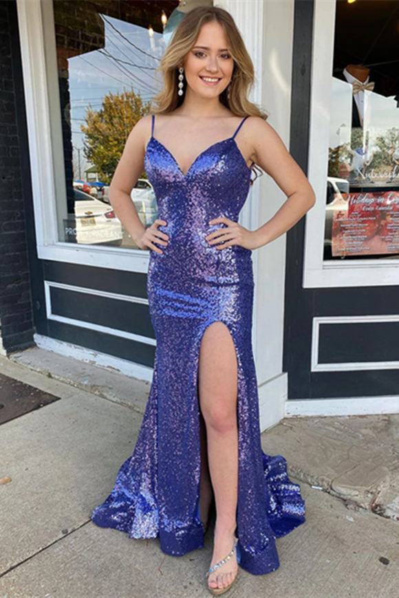 Promfast Purple Long Mermaid Prom Dresses with Slit Formal Dresses PFP2225